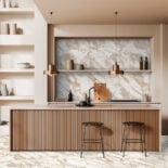 Beige,Kitchen,Interior,With,Bar,Island,And,Stool,On,Hardwood